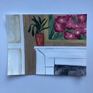 Floral Art  with Fireplace Scene Original Watercolor